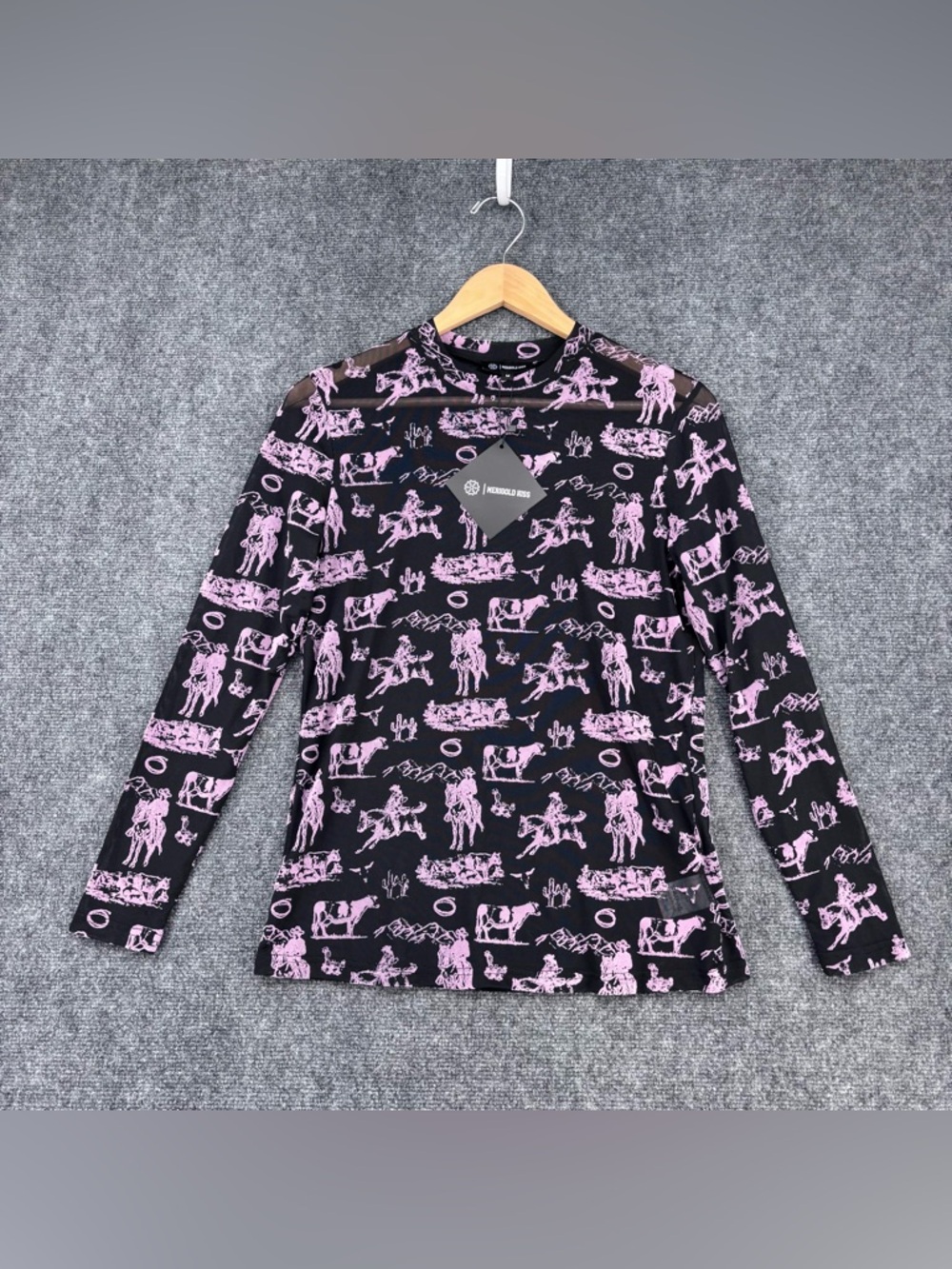 NWT Marigold Kiss Black Mesh Pink Cowboy Burnout Women’s M Western